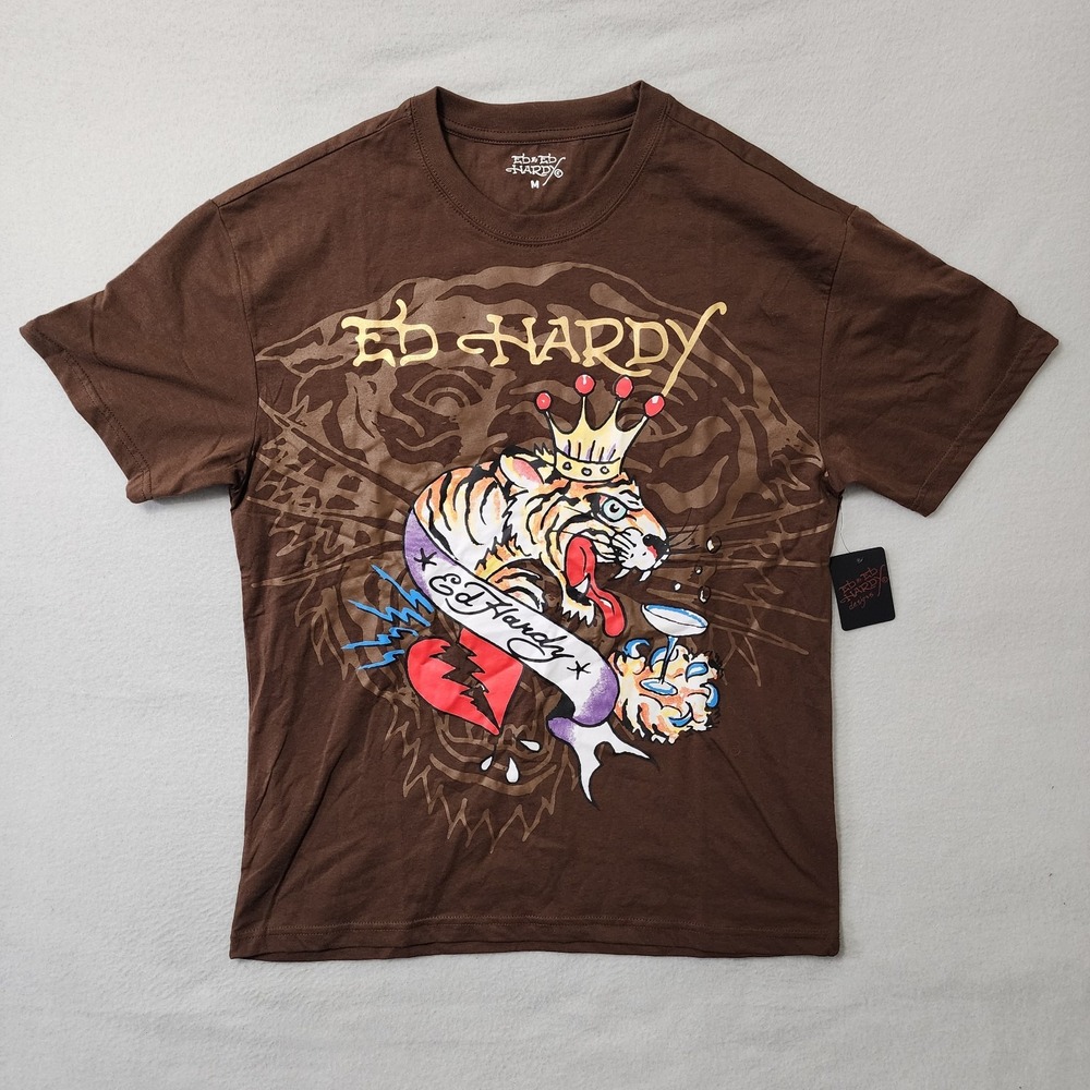 Ed Hardy T Shirt Mens Medium Brown Tiger Tattoo Skater Grunge Y2k Style New